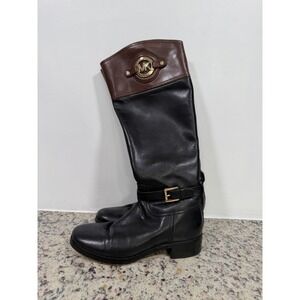 Michael Kors Black Brown Leather Riding Boots Gold MK Logo Tall Knee High Boots